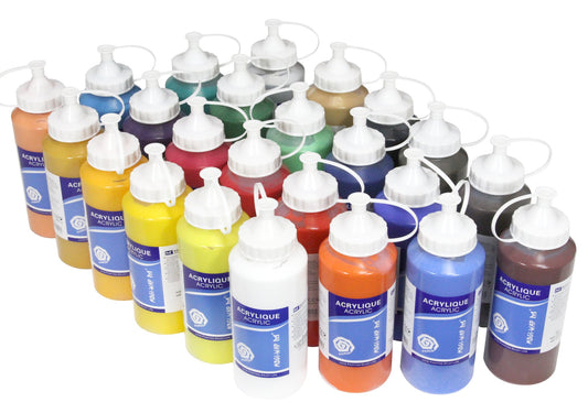 Paintersisters MAGI Künstler-Acrylfarben Set – 24 Farben à 500ml. Bunte Acrylfarben in Flaschen zum Malen auf Leinwand.