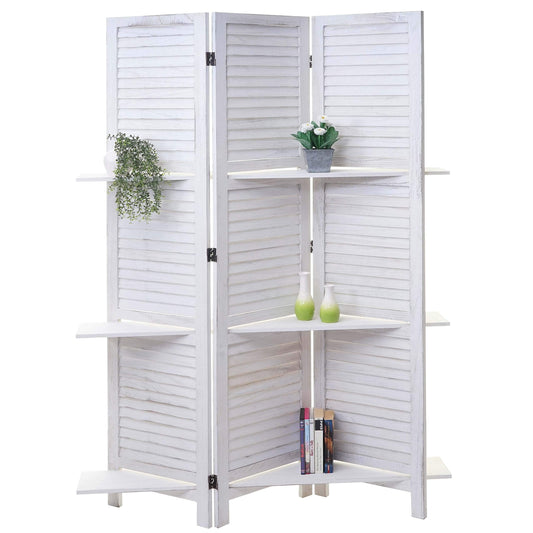 Mendler Paravent T752 Raumteiler mit Regalböden – Weiss Shabby. Mehrflügeliger Paravent in Weiß (Shabby). Trennt Räume und bietet Ablageflächen.