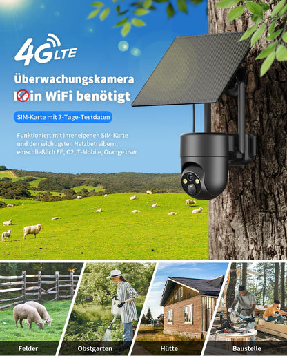 SEHMUA 4G LTE Solar Überwachungskamera Aussen mit SIM-Karte, 2K, Akku