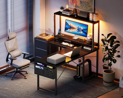 Coleshome Gaming Tisch L-Form mit LED & Steckdosen, Schwarz