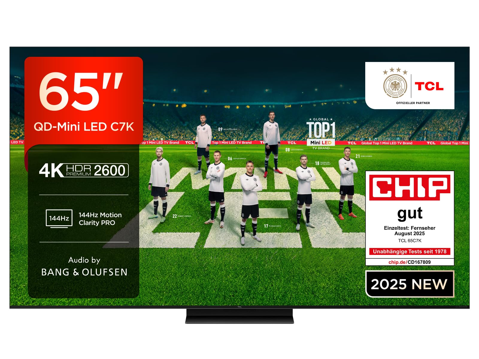 TCL 65C7K QD-Mini LED Fernseher – 65 Zoll Smart Google TV. Rechteckiger, schwarzer 65-Zoll-Bildschirm zur Anzeige von TV-Programmen und Streaming-Inhalten.