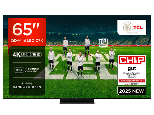 TCL 65C7K QD-Mini LED Fernseher – 65 Zoll Smart Google TV. Rechteckiger, schwarzer 65-Zoll-Bildschirm zur Anzeige von TV-Programmen und Streaming-Inhalten.