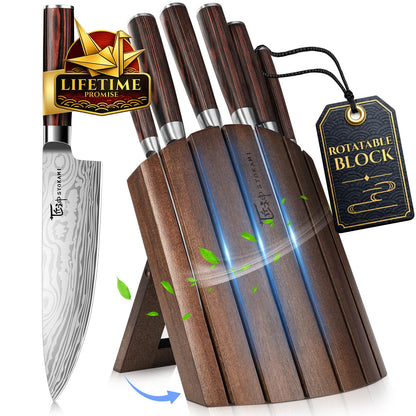 SYOKAMI Messerset 7-teilig mit magnetischem Akazienholz-Messerblock, Klingen aus Edelstahl