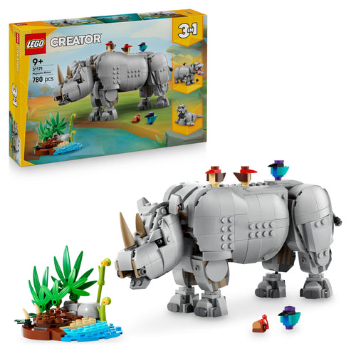 LEGO Creator 3in1 Wilde Tiere: Prächtiges Nashorn mit Vögeln 31171 – bewegliches Nashorn mit Vögeln und Graslandszene