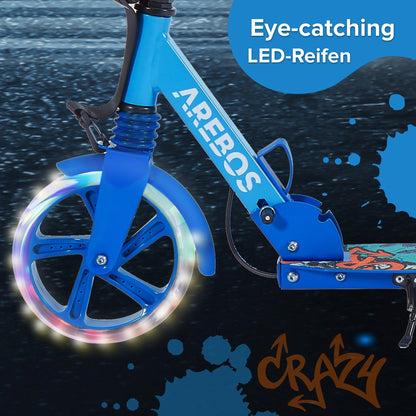 Arebos Cityroller Tretroller Blau – LED Räder klappbar