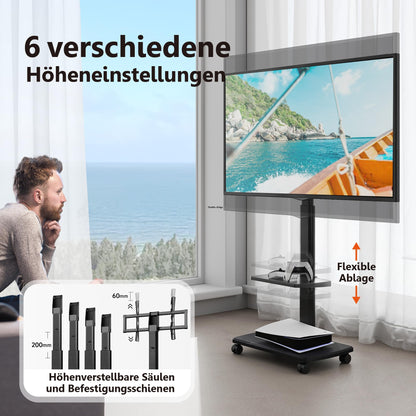FITUEYES TV Bodenständer Rollbar mit Holzablage für 32-70 Zoll