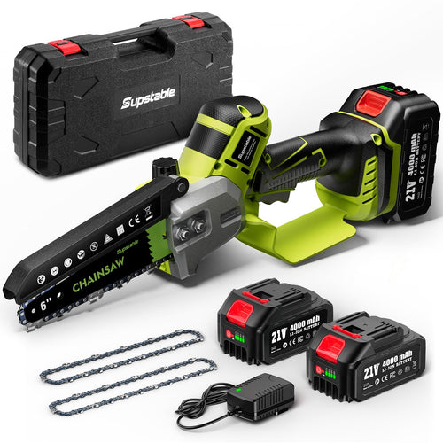Supstable Mini Kettensäge 6 Zoll Akku – Automatischer Öler, schwarz-grün, kompakt, ideal für Baumschnitt und Äste.