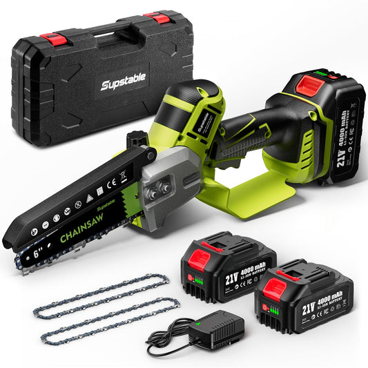 Supstable Mini Kettensäge 6 Zoll Akku – Automatischer Öler, schwarz-grün, kompakt, ideal für Baumschnitt und Äste.