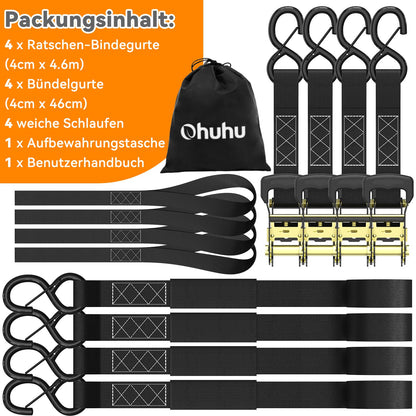Ohuhu Spanngurte mit Ratsche, 4er-Set, 4,6 m, 1500 kg Bruchlast