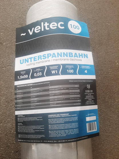 VELTEC Dachunterspannbahn 100 g/m² 75m² (50m x 1.5m)