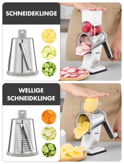 Geedel Käsereibe, Gemüseschneider mit Kurbel und 4 Klingen, Weiss