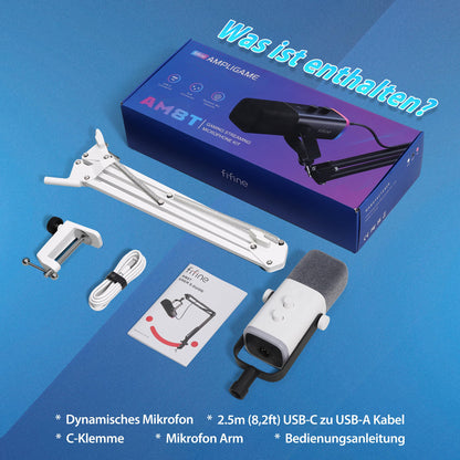 Fifine MI34 Dynamisches Streaming-Mikrofon USB/XLR mit Arm, Weiss