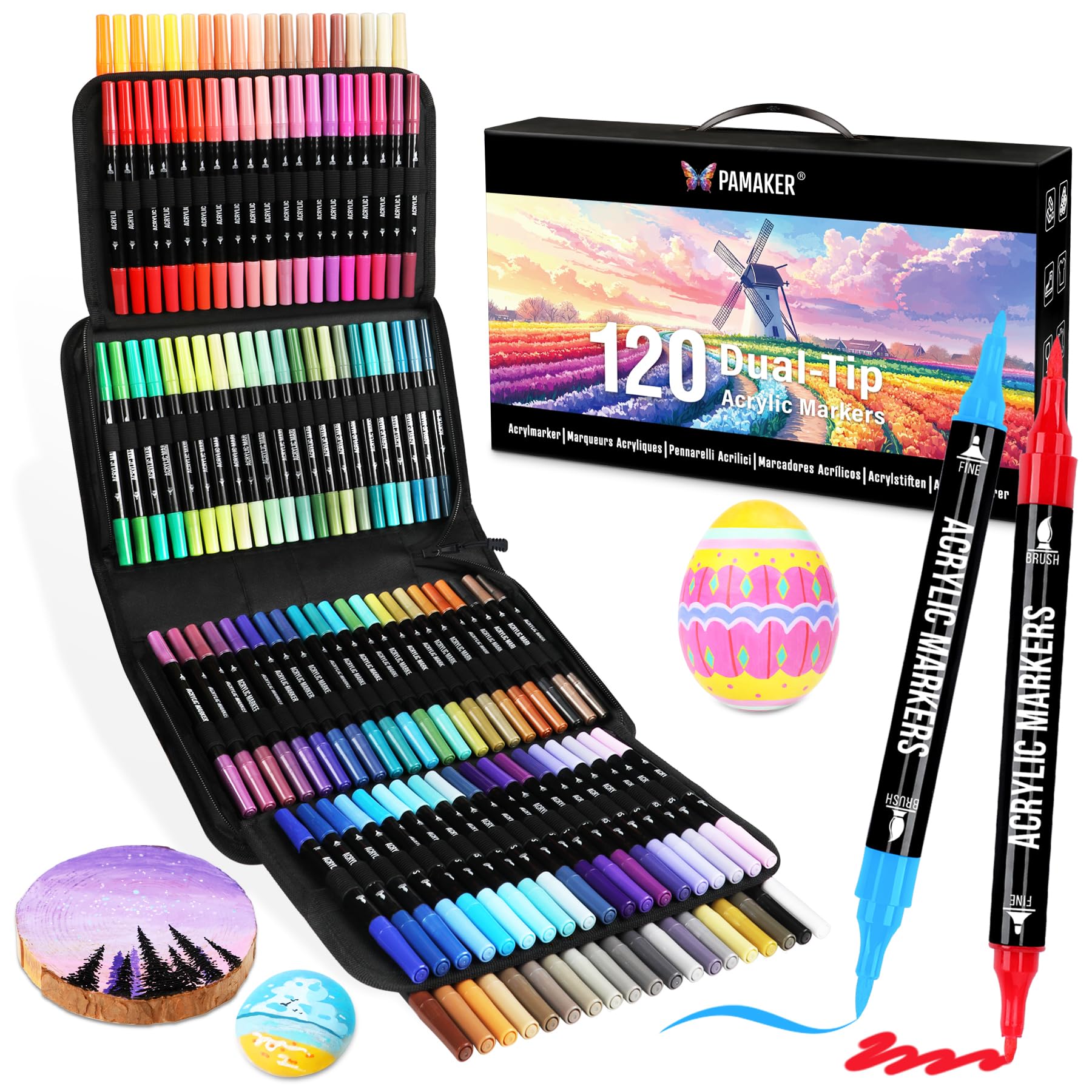 Pamaker Acrylstifte Set 120 Farben, Doppelspitze, für Steine & Holz – bunte Marker in Stofftasche