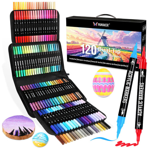Pamaker Acrylstifte Set 120 Farben, Doppelspitze, für Steine & Holz – bunte Marker in Stofftasche