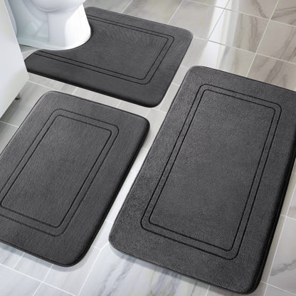 chakme Badezimmerteppich Set 3-teilig Memory-Schaum dunkelgrau – weiche Plüschoberfläche, U-förmiger WC-Vorleger