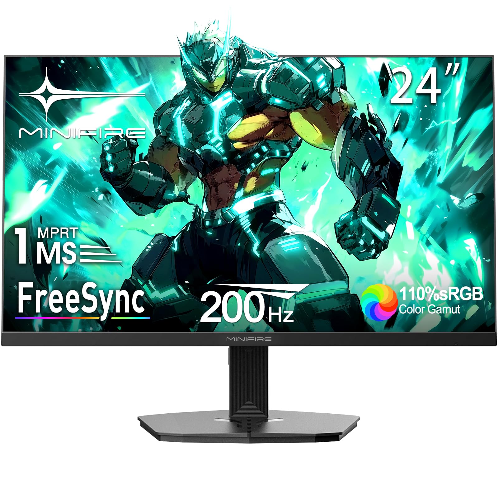 Minifire MFG24F4H Gaming Monitor 24 Zoll Full HD 200 Hz 1 ms FreeSync, rahmenloser Bildschirm, neigbarer Standfuss