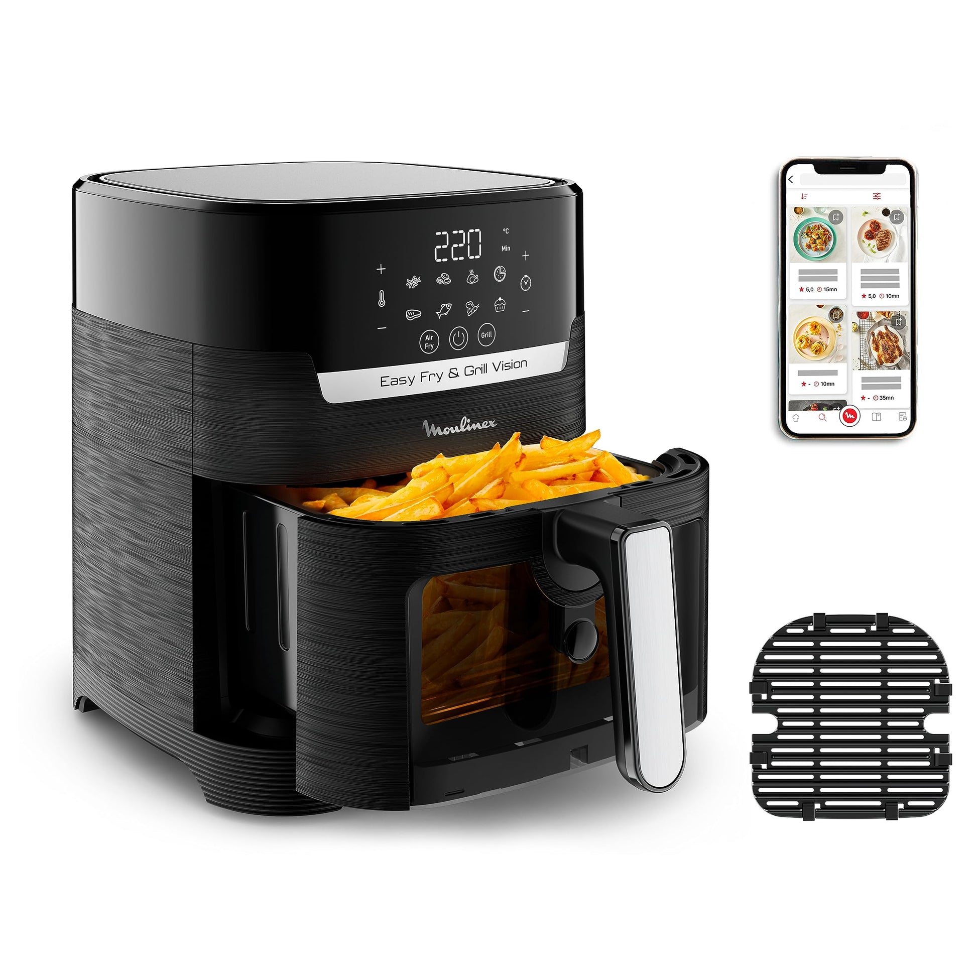 Moulinex Easy Fry & Grill Vision 4.2L Luftfritteuse Schwarz EZ5068 mit Sichtfenster. Frittiert und grillt Speisen.