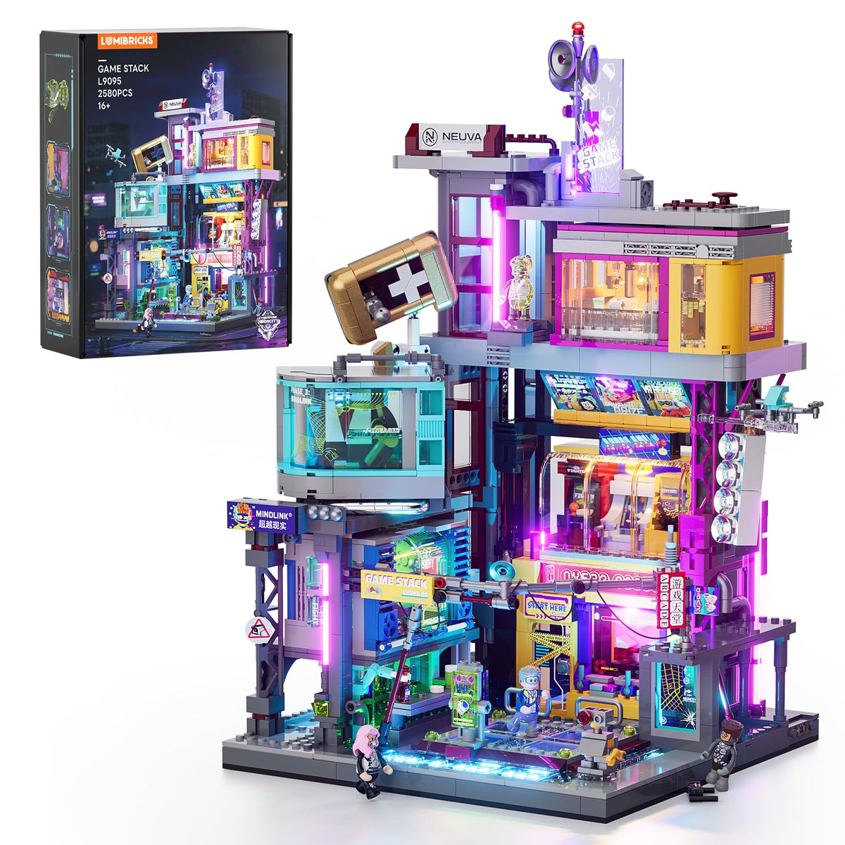 Lumibricks Cyberpunk Spielhalle Klemmbausteine Set mit 2580 Teilen, beleuchtetes Gebäudemodell mit Spielmodulen