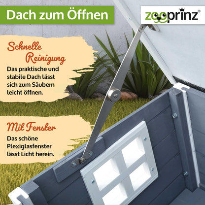 zooprinz Premium Holz Katzenhaus – Katzenkiste mit Dach zum Öffnen, Fenster und Schwingtür – Sisalband an der Katzenbox – Wetterfest für Garten/Balkon – Innen- und Draußen Hütte (Grau-Weiß, Standard)