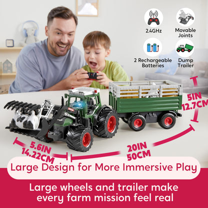 SYNCFUN Ferngesteuerter Traktor mit Anhänger, Lader, Licht und Sound