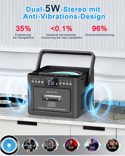 Greadio CD-Player tragbar mit Kassette, UKW Radio und Bluetooth