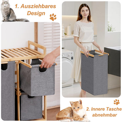 iEGrow Wäschewagen 4 Fächer 150L Grau – Bambus Ablage