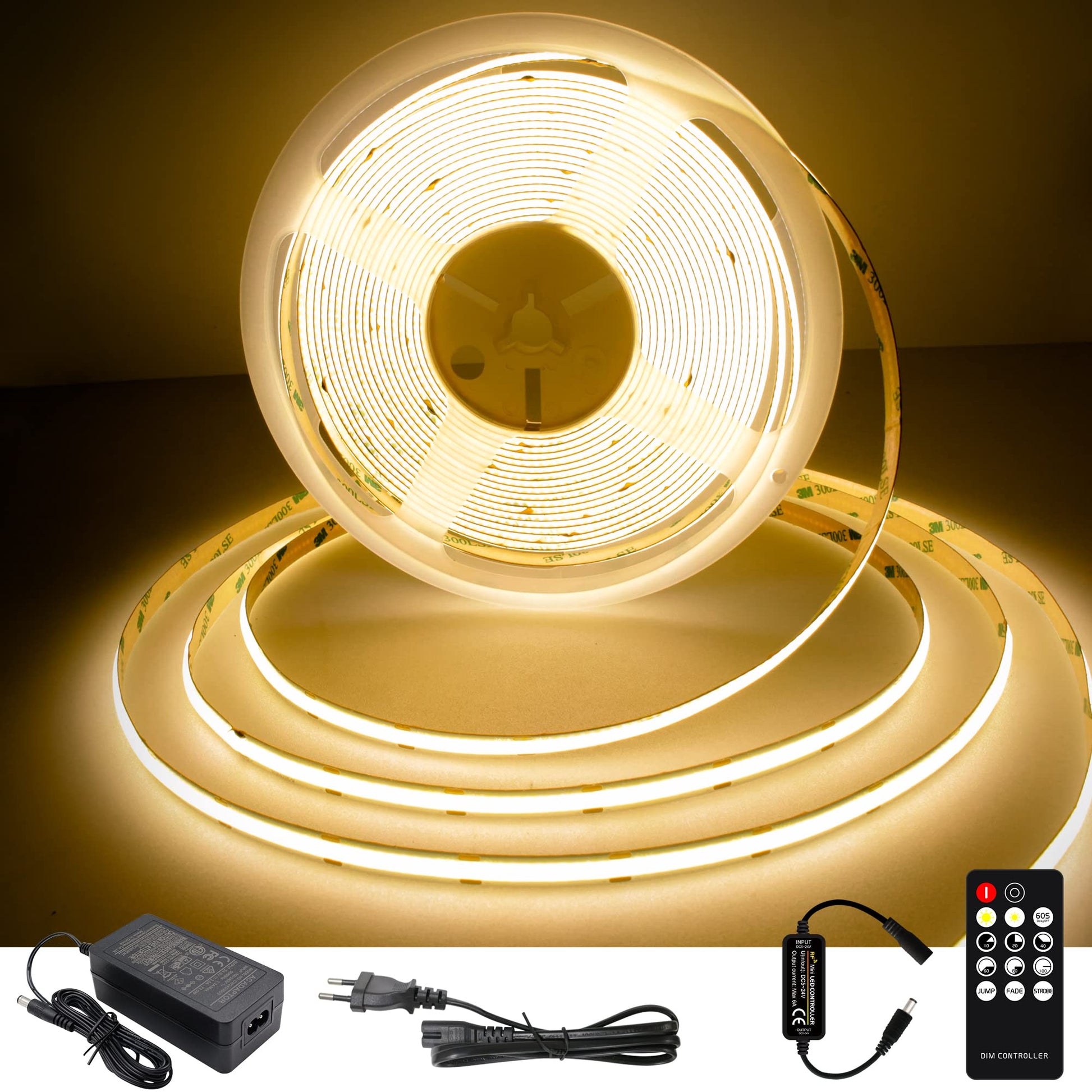 TTWAY COB LED Streifen 10 m 2700K warmweiss, dimmbar, 24V Set – flexibles Lichtband mit RF Fernbedienung