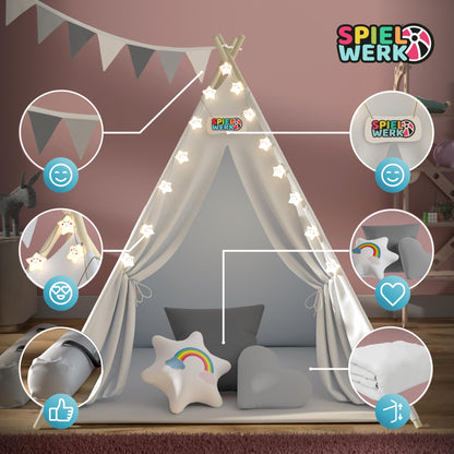Spielwerk® Tipi Kinderzelt – Set 130x130cm Weiss Grau