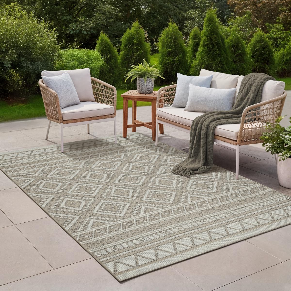 the carpet Calgary Outdoor Teppich, Boho Vintage, Beige, 200 x 280 cm – Flachgewebe mit Rautenmuster