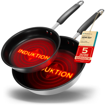Profi Induktions-Bratpfannen-Set 20/28cm Edelstahl beschichtet. Zwei runde, silberne Pfannen mit schwarzer Beschichtung zum Braten auf Induktionsherden.
