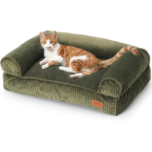 FUKUMARU Katzensofa Cord, waschbares Katzen- & Hundebett, M, Grün mit Armlehnen und weicher Liegefläche