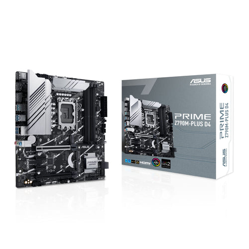 ASUS Prime Z790M-PLUS D4 Gaming Mainboard LGA1700 micro ATX, dunkle Platine. Dient als Hauptplatine für Intel-Systeme.