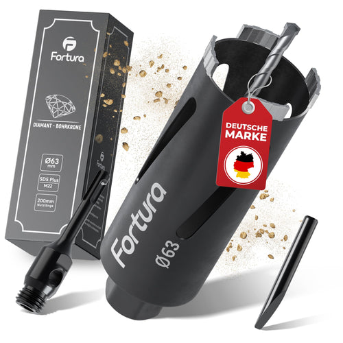 Fortura Diamantbohrkrone Ø 63 x 200 mm, SDS Plus Kernbohrer mit Diamantsegmenten und Luftschlitzen