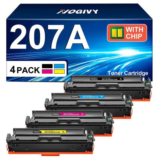 NOGIVY 207A 207X Toner mit Chip kompatibel für HP – 4er-Pack: Vier viereckige, farbige Tonerkartuschen zum Drucken in HP Laserdruckern.