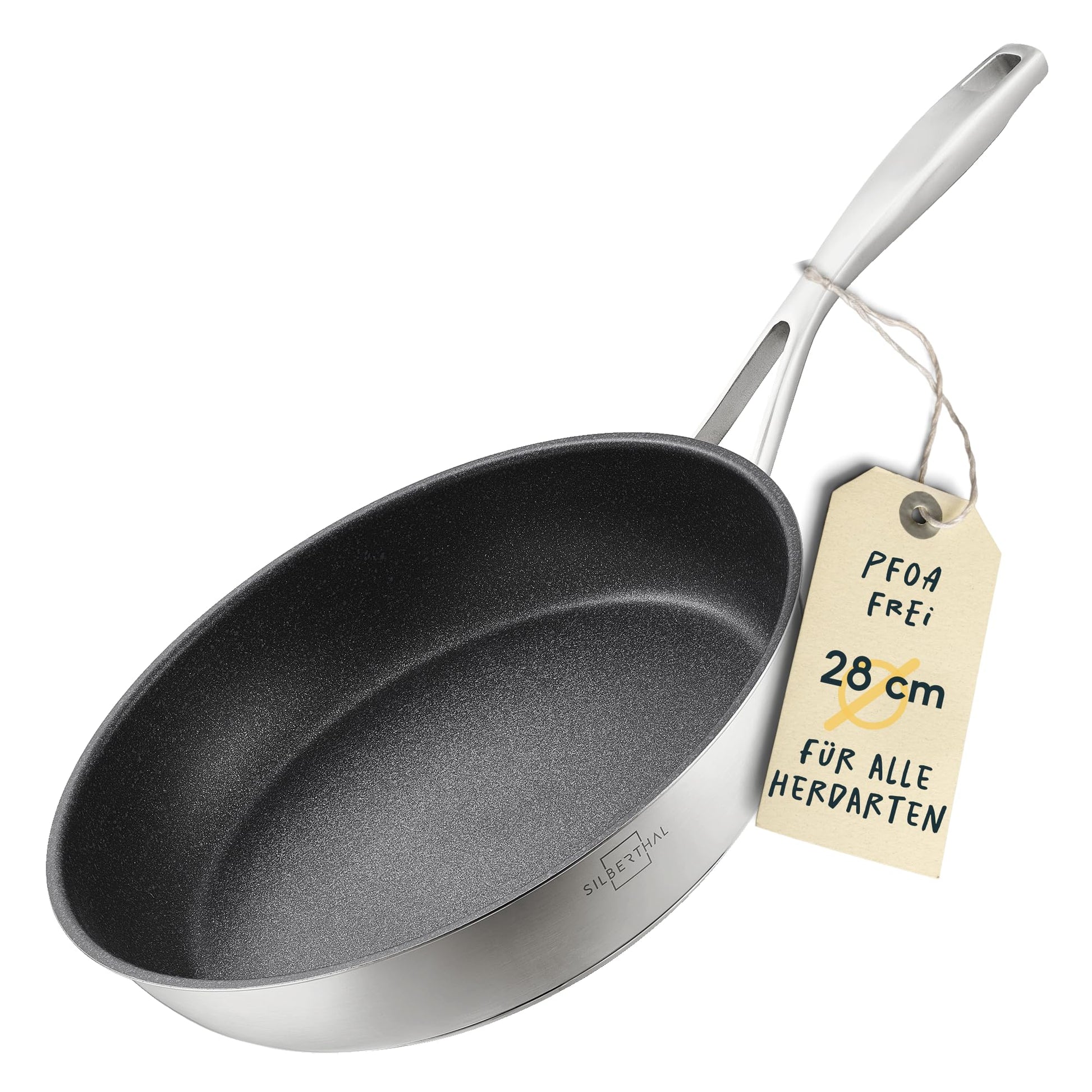SILBERTHAL Bratpfanne Edelstahl beschichtet - 28 cm Induktion. Silberne, beschichtete Pfanne zum Braten auf Induktionskochfeldern.
