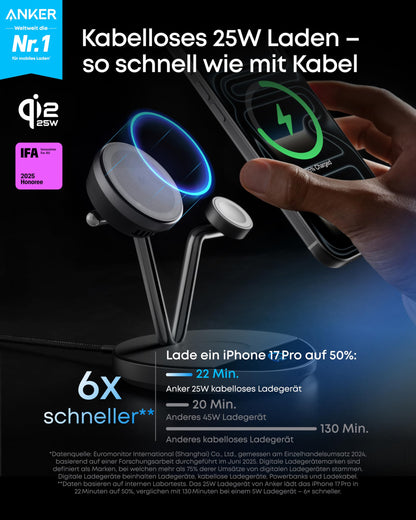 Anker Prime 3-in-1 kabellose Ladestation, Qi2 25W, TEC-Kühlung