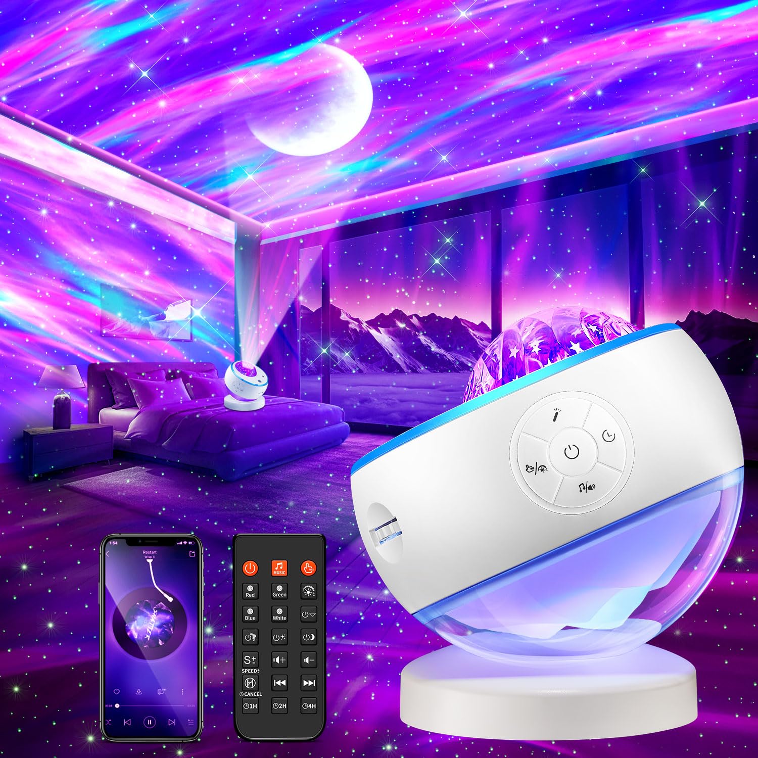 One Fire Sternenhimmel Projektor WH-E24 – Nachtlicht mit Bluetooth, LED-Projektion mit Aurora-Effekt
