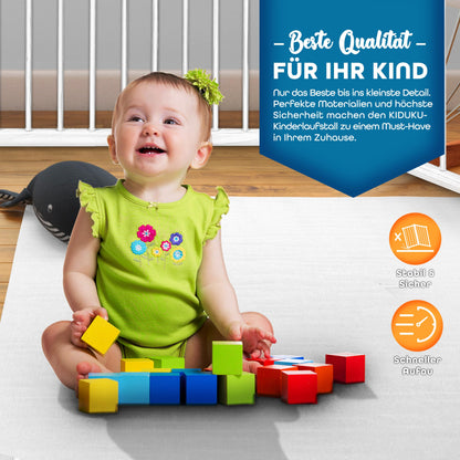 KIDUKU® 7,2 Meter Baby Laufgitter XXL klappbar inkl. Tür | Laufstall mit doppelter Sicherung | Absperrgitter für Kinder inkl. 8 Elementen | Krabbelgitter individuell formbar