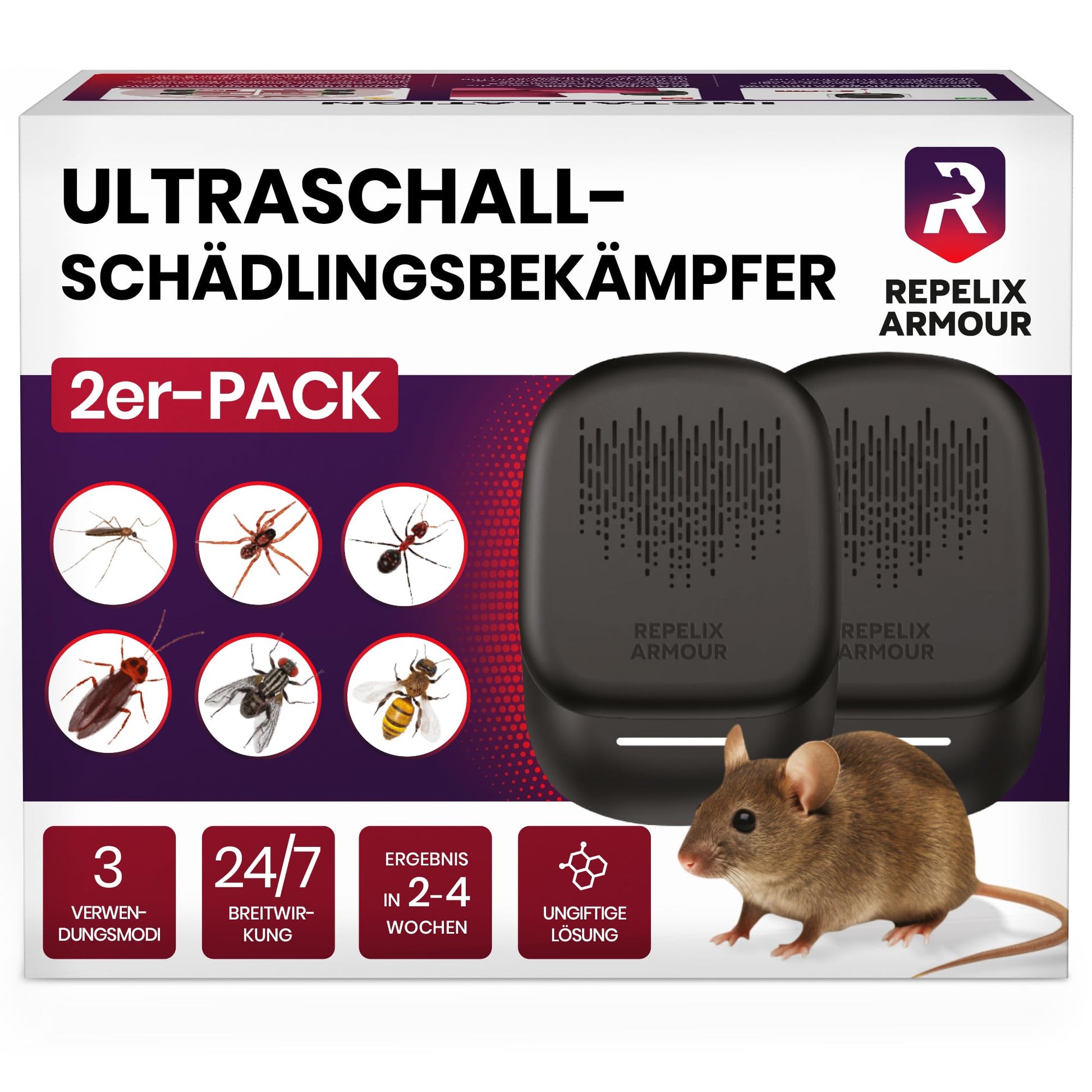 REPELIX ARMOUR Ultraschall-Schädlingsbekämpfer 2er-Pack PR-025, schwarz, für die Steckdose
