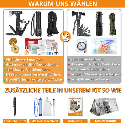 WayinTop Outdoor Survival Ausrüstung 180-tlg. mit Erste Hilfe – Schwarz