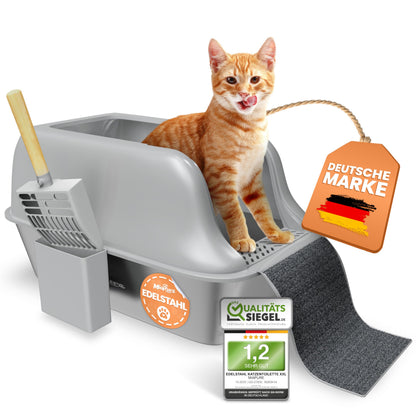 MiaPure® Edelstahl Katzenklo XXL – Katzentoilette für grosse Katzen. Rechteckige, silberfarbene Edelstahlschale zur Exkrementaufnahme.