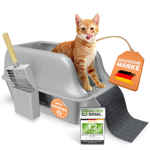 MiaPure® Edelstahl Katzenklo XXL – Katzentoilette für grosse Katzen. Rechteckige, silberfarbene Edelstahlschale zur Exkrementaufnahme.