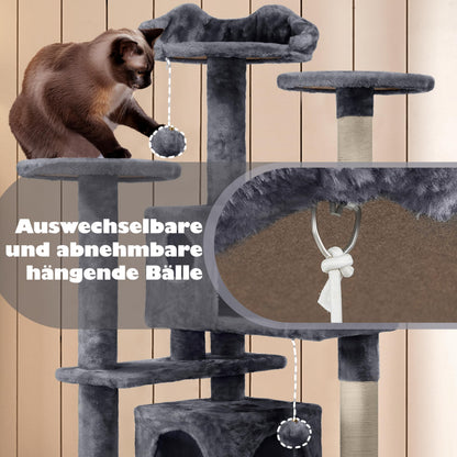 Yaheetech Kratzbaum 139 cm, Kletterturm mit 2 Höhlen, dunkelgrau