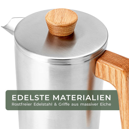 WALDWERK French Press 1L – Kaffeebereiter Edelstahl, Eichenholz