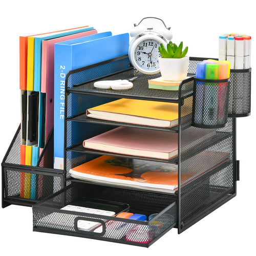 Marbrasse Schreibtisch Organizer mit Briefablage, 5 Ebenen, schwarz aus Metallgewebe mit Schublade und Stiftehaltern