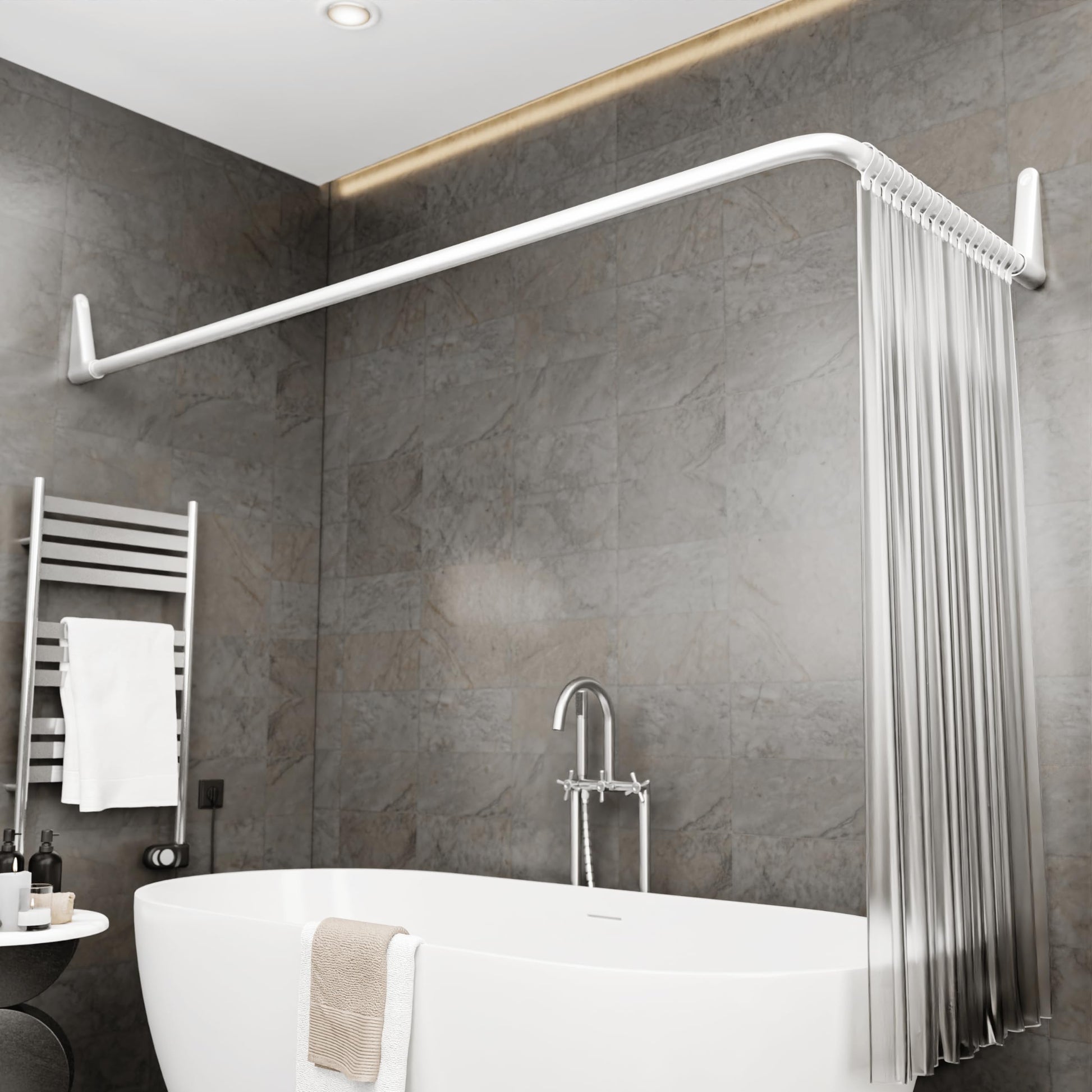 Erica Duschvorhangstange L-Form – Weiss, 70x90cm, Ohne Bohren. Weiße L-Klemmstange für Duschvorhang.