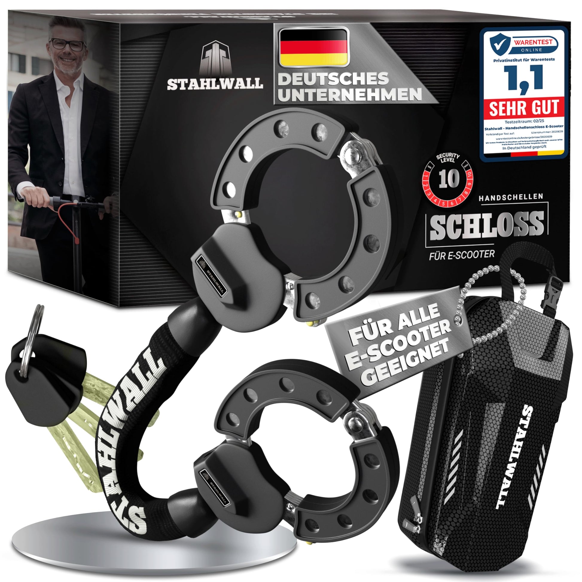 STAHLWALL E-Scooter-Schloss mit Tasche aus feuergehärtetem Stahl, Handschellenschloss mit Faserummantelung