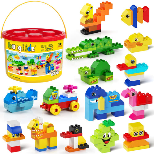 burgkidz Classic Bausteine-Box, 135-teilig, Bauspielzeug ab 2 Jahren – bunte grosse Bauklötze im Aufbewahrungseimer