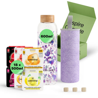 waterdrop Trinkflasche Glas 600 ml Starter Set mit 18 Microdrinks – aus Borosilikatglas