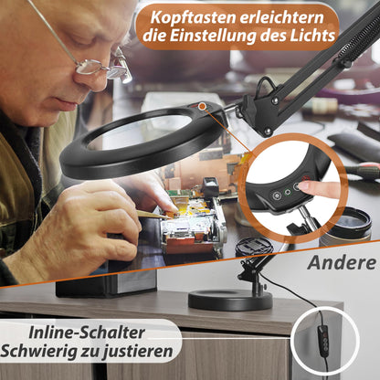 Veemagni 10X Lupe mit Licht, LED Lupenleuchte mit Ständer und Klemme
